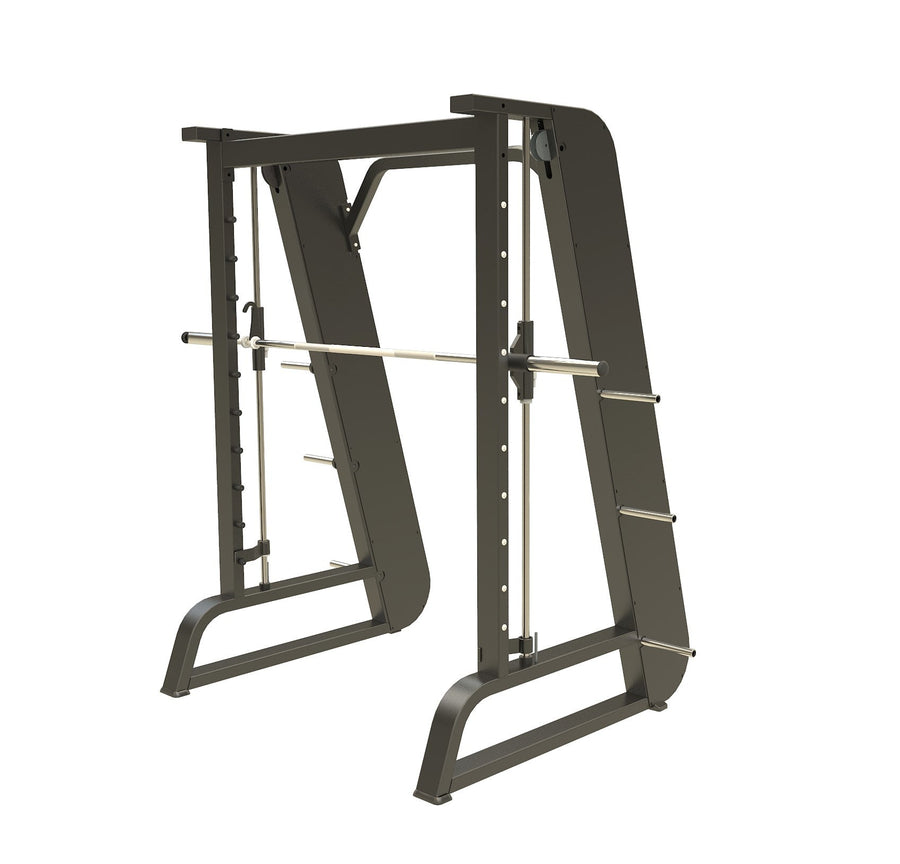 Precor Icarian Smith machine with a guided barbell for safe solo squats and bench press at home or in a compound gym.