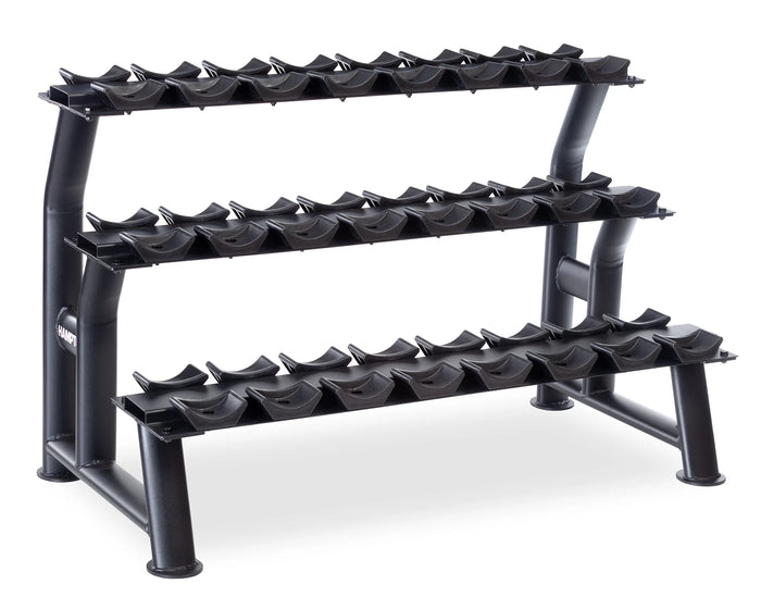 Technogym dumbbell storage rack holds 12 pairs commercial gym organization