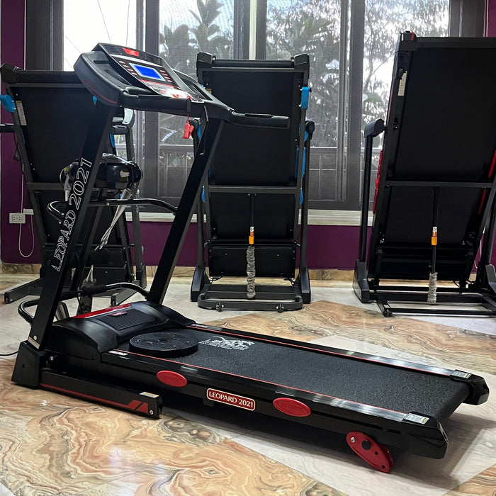 Leopard 2021 AC treadmill side view showing compact home gym design