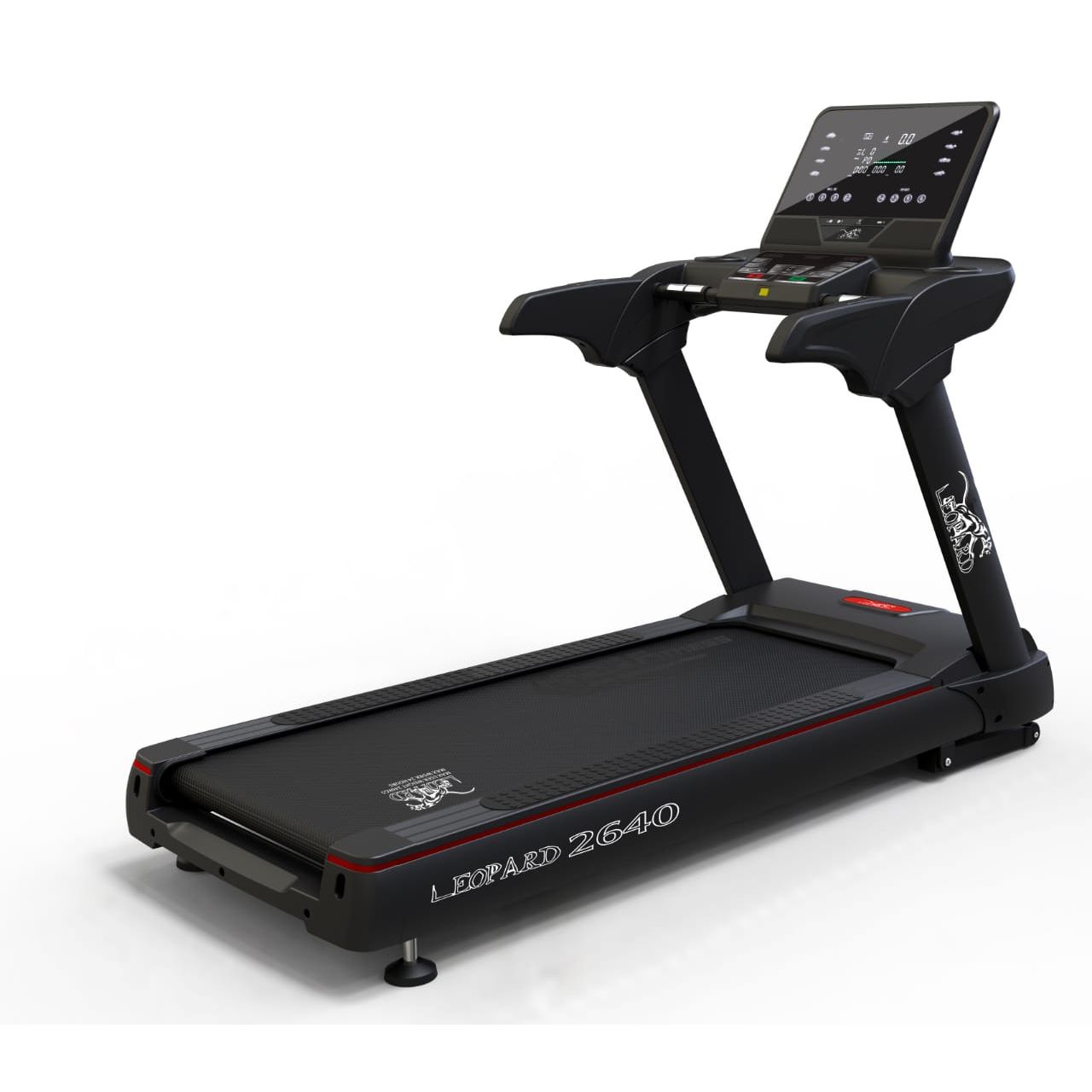 Leopard 2640 treadmill with wide running deck and touch screen.