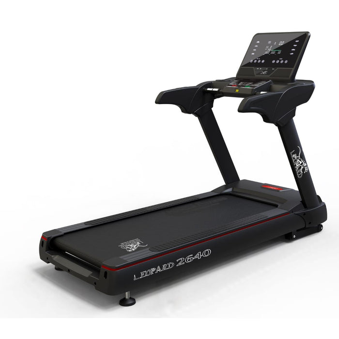 Leopard 2640 treadmill with wide running deck and touch screen.